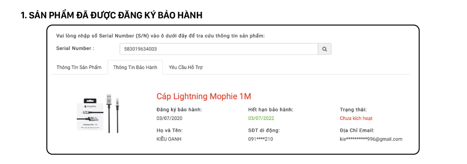 Kết quả tra cứu có thông tin sản phẩm